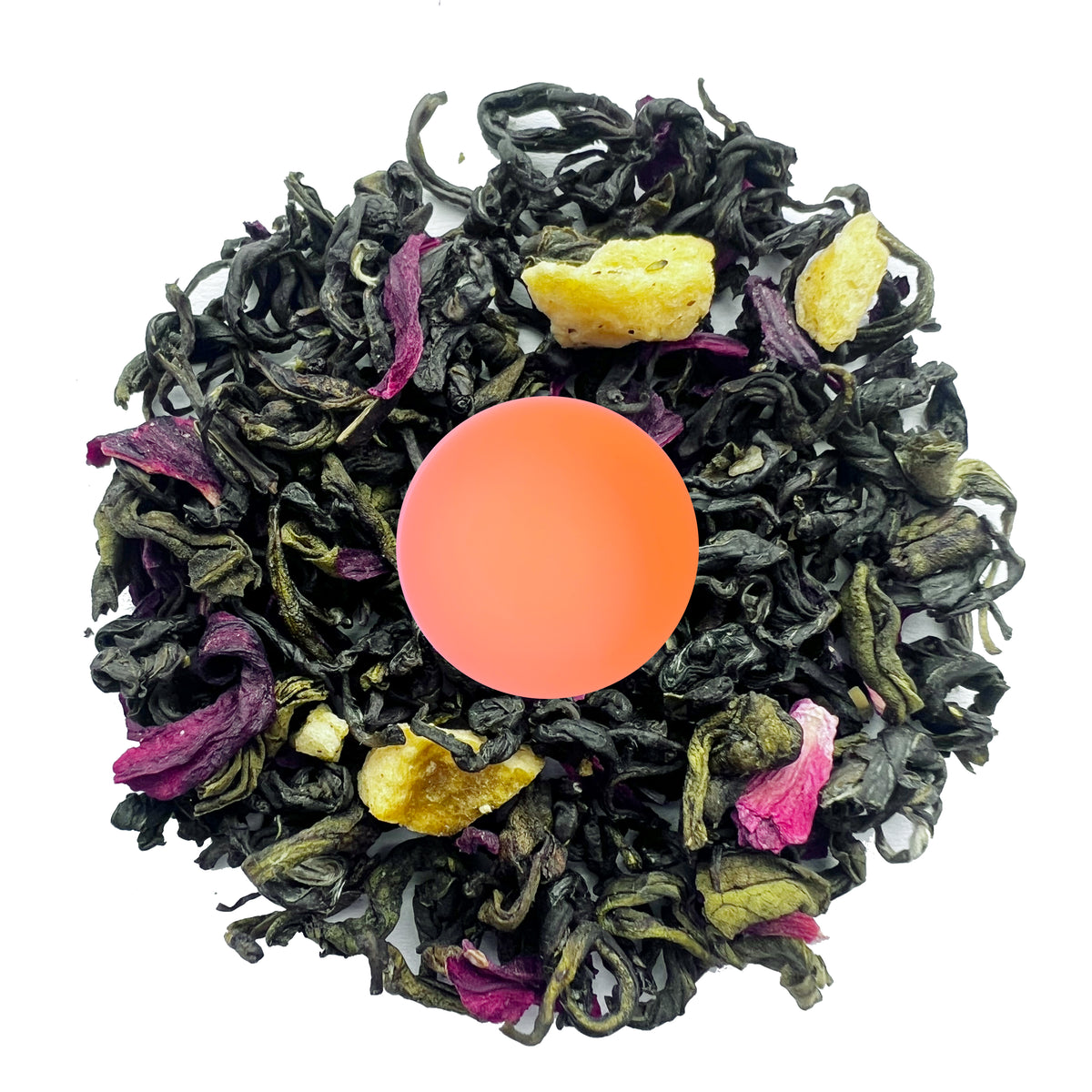 101 Degree Peach Green Tea with loose leaves and brewed peach green tea