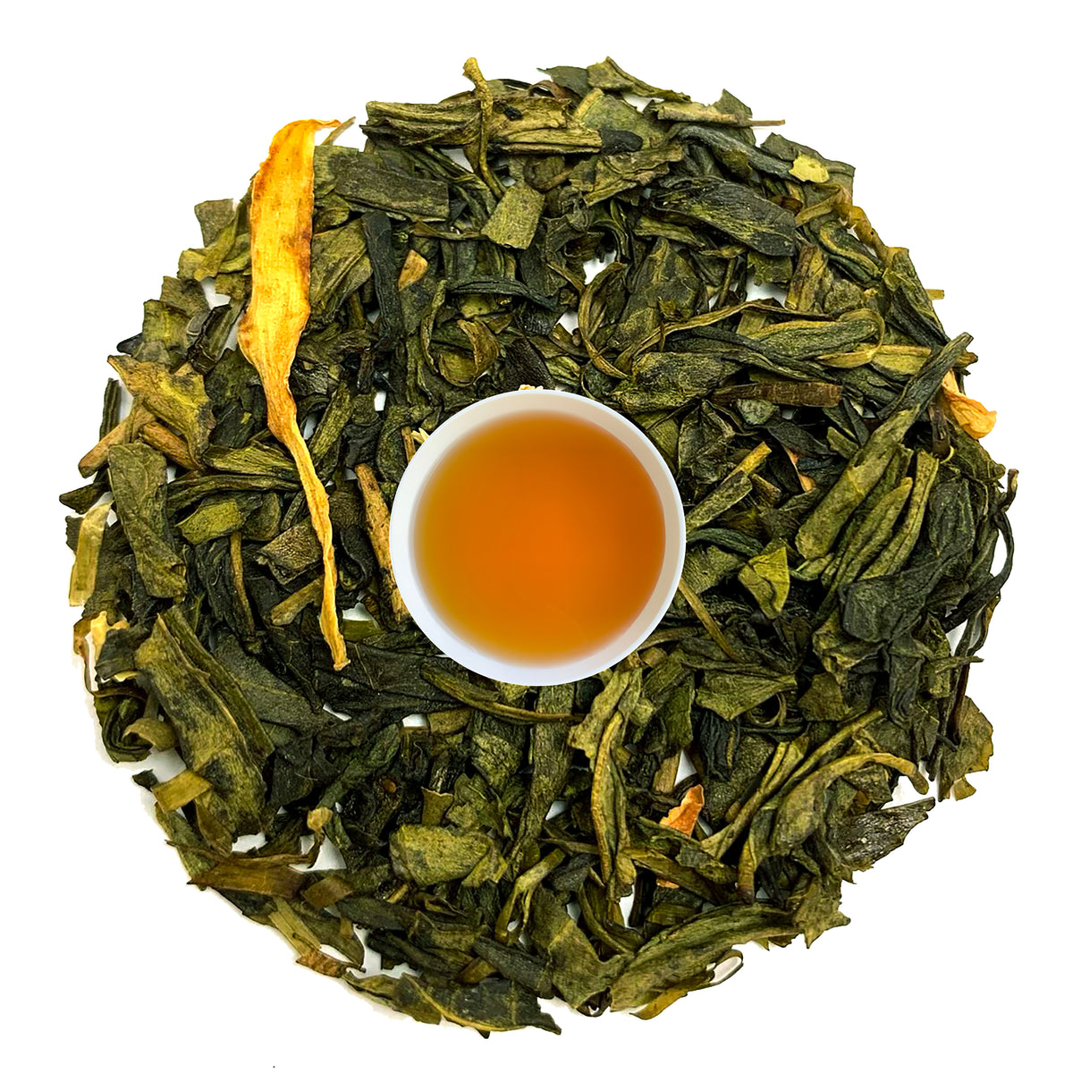22 Degree Nepal Jasmine Green Tea with loose Himalayan green tea leaves, jasmine blossoms and brewed tea